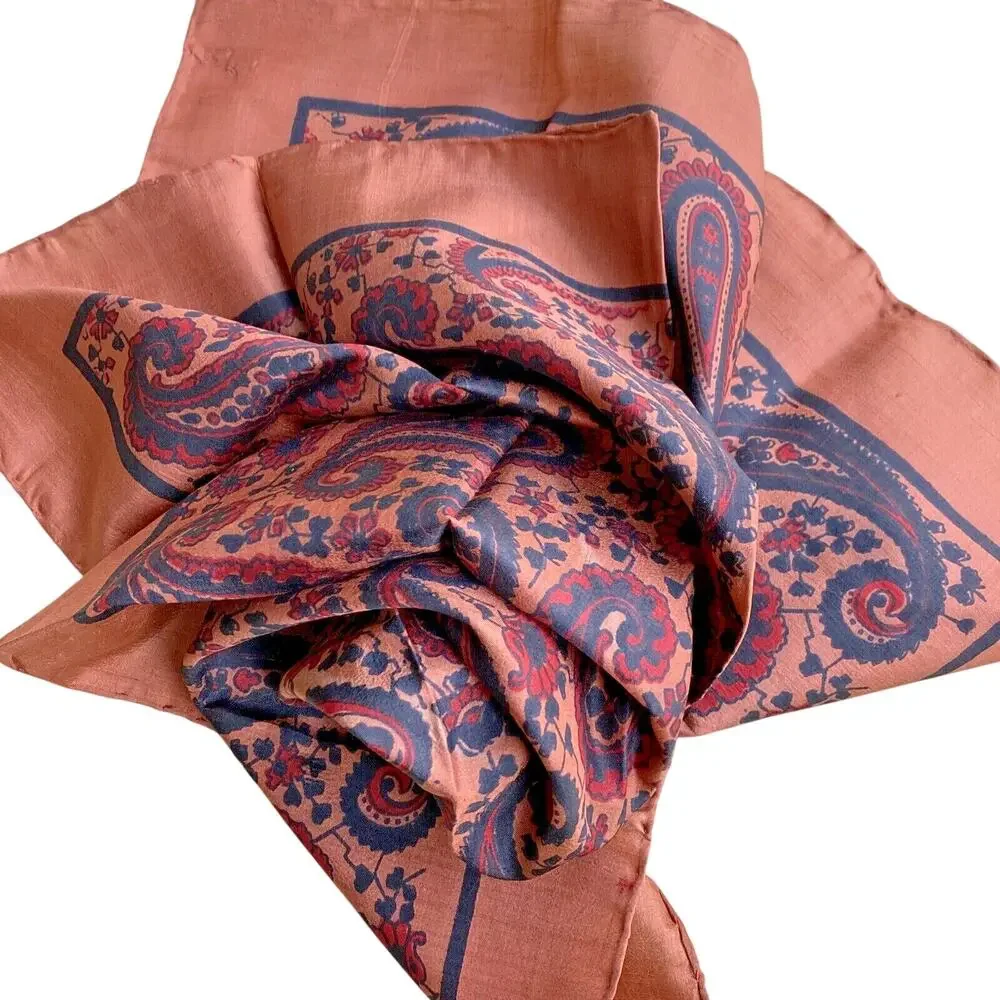 Vintage silk scarf black & brown paisley print 24